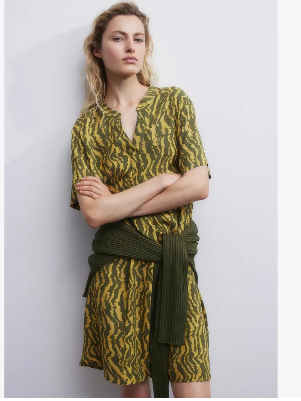 H&M Olive & Mustard Zebra-Print Midi Dress